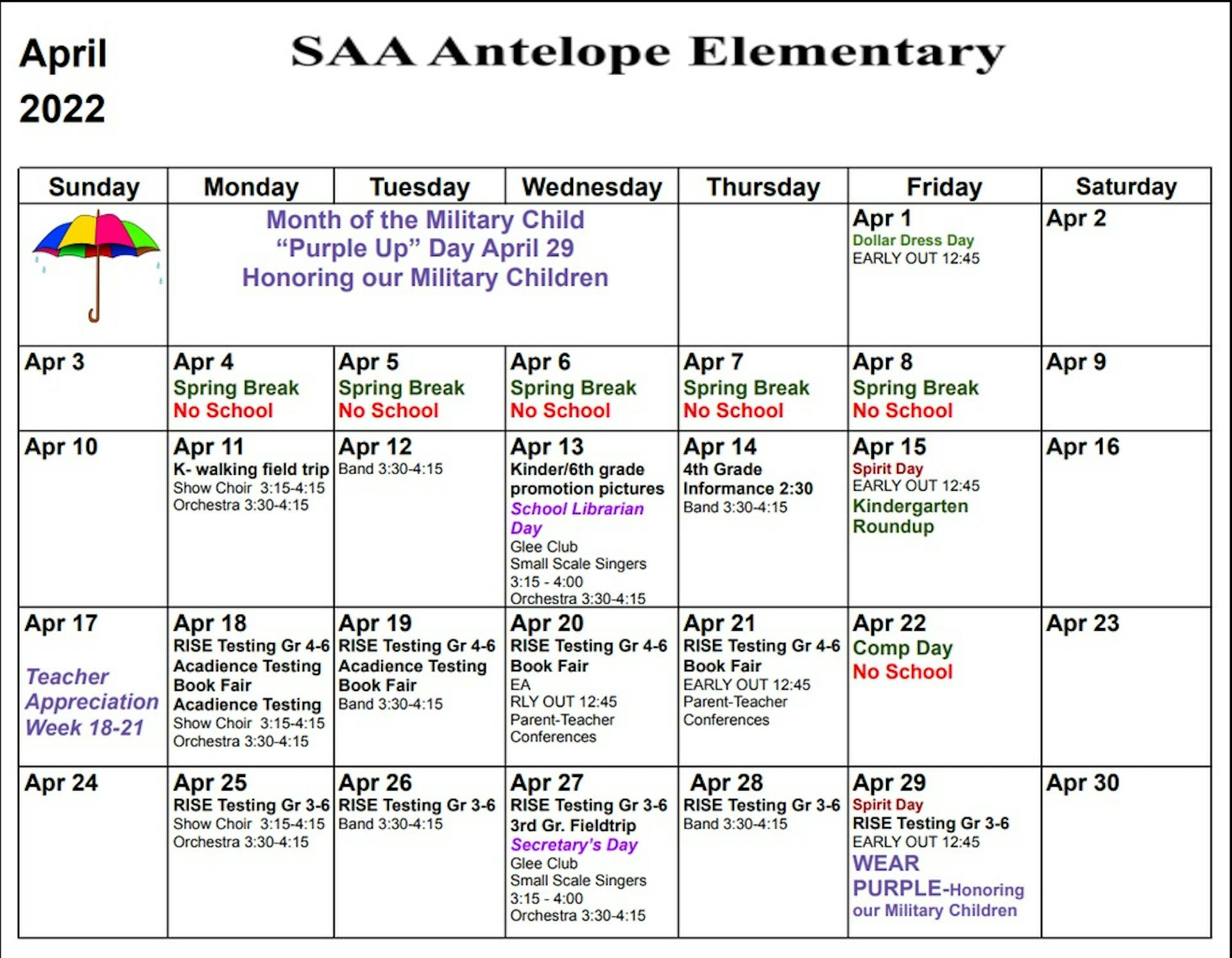 Syracuse Arts Academy Monthly Calendar